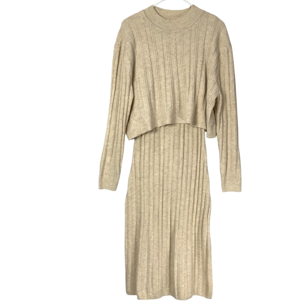 Francesca's Cable Knit Midi Sweater Dress Beige Crew Neck Long Sleeve Size L